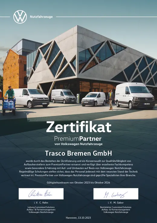 Сертифікат PremiumPartner комерційних автомобілів Volkswagen для Trasco Bremen GmbH