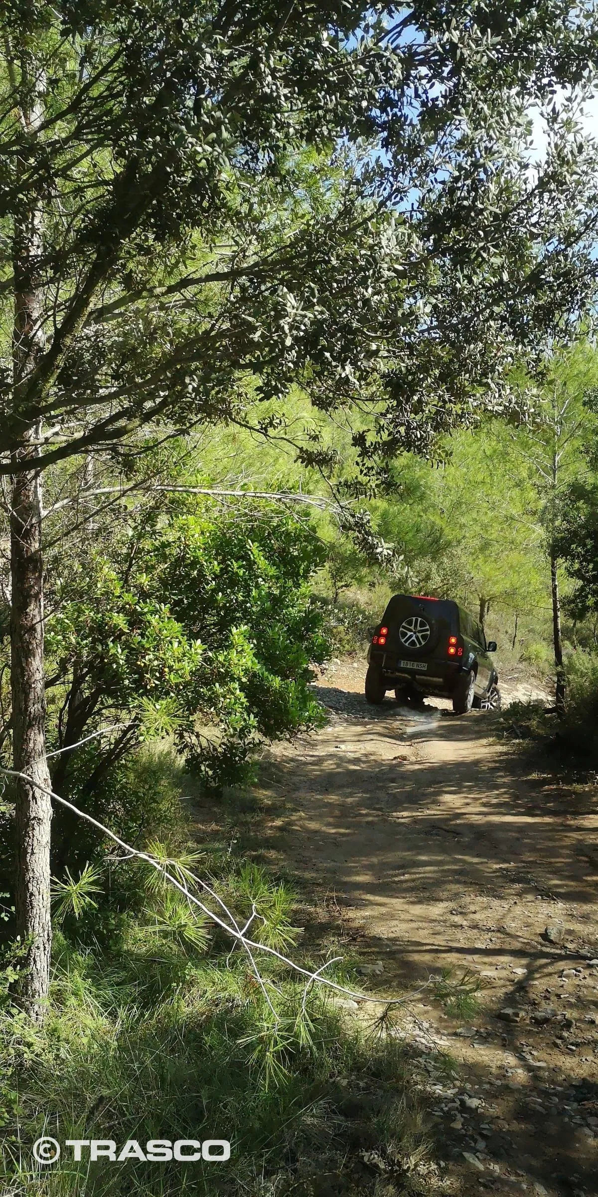 Defender auf einem schmalen Waldweg in Les Comes