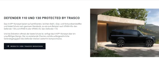 Bildschirmaufnahme von landrover.de: Defender 110 und 130 Protected by TRASCO
