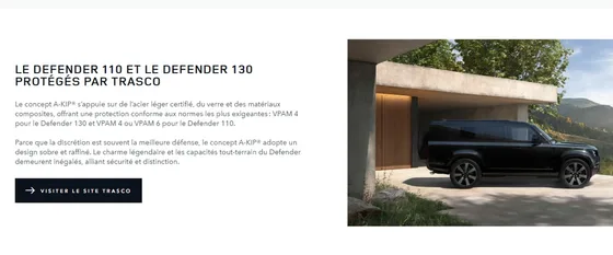 Capture d’écran de landrover.fr : Le Defender 110 et le Defender 130 protégés par TRASCO
