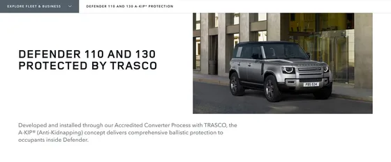 Знімок екрана landrover.com: Defender 110 and 130 Protected by TRASCO