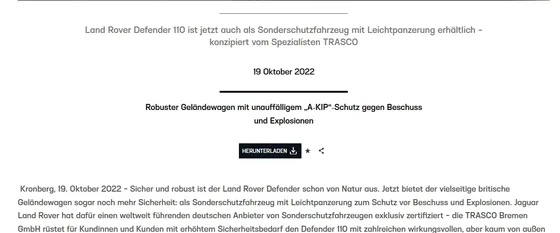 Bildschirmaufnahme der Pressemitteilung im Defender Media Newsroom, 19. Oktober 2022