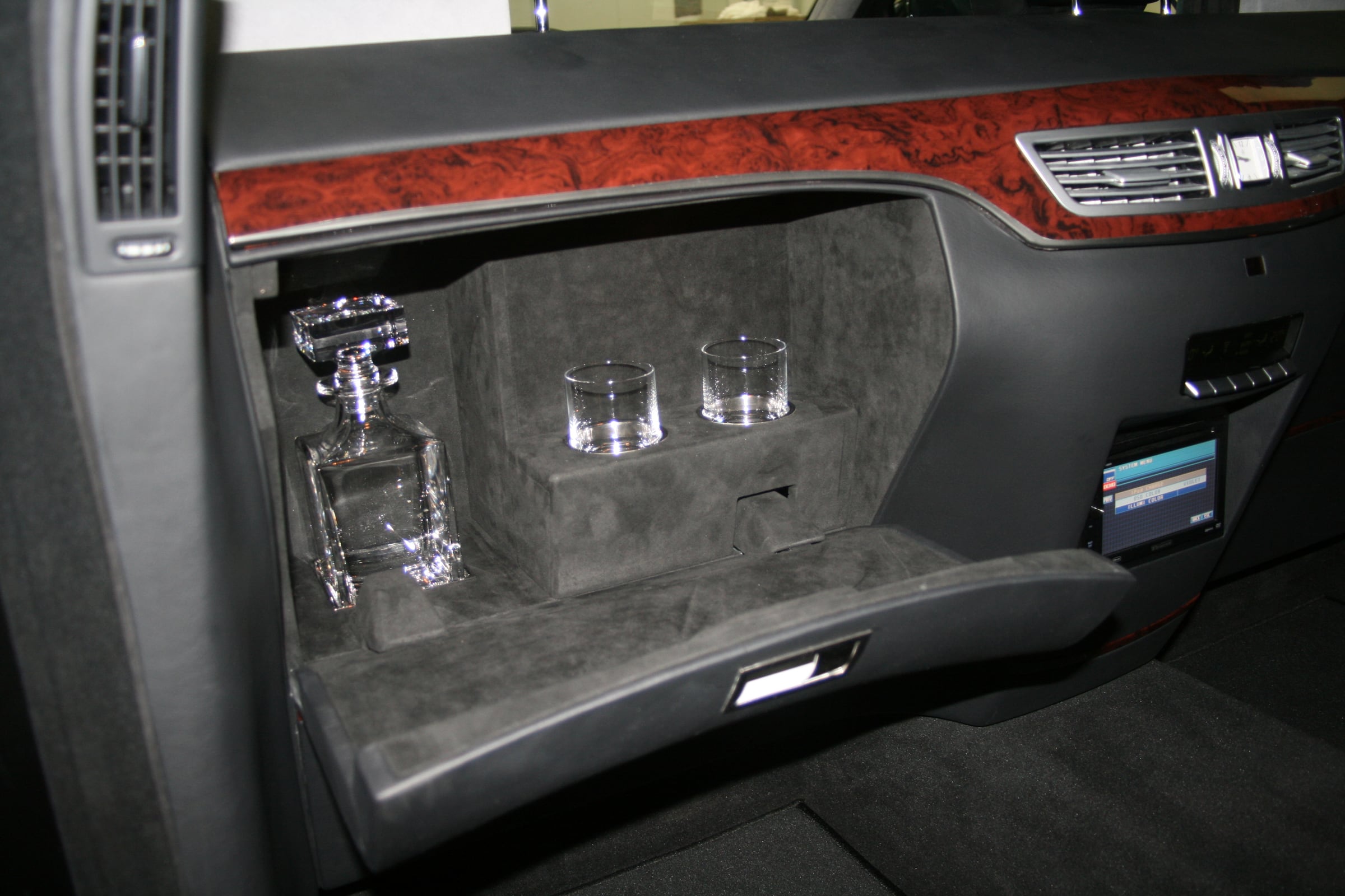 Bar compartment with glasses and decanter in a limousine based on the Mercedes-Benz S-Class W221