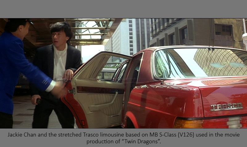 Verlängerte Limousine von TRASCO auf Basis einer Mercedes-Benz S-Klasse, zu sehen in einer internationalen Filmproduktion