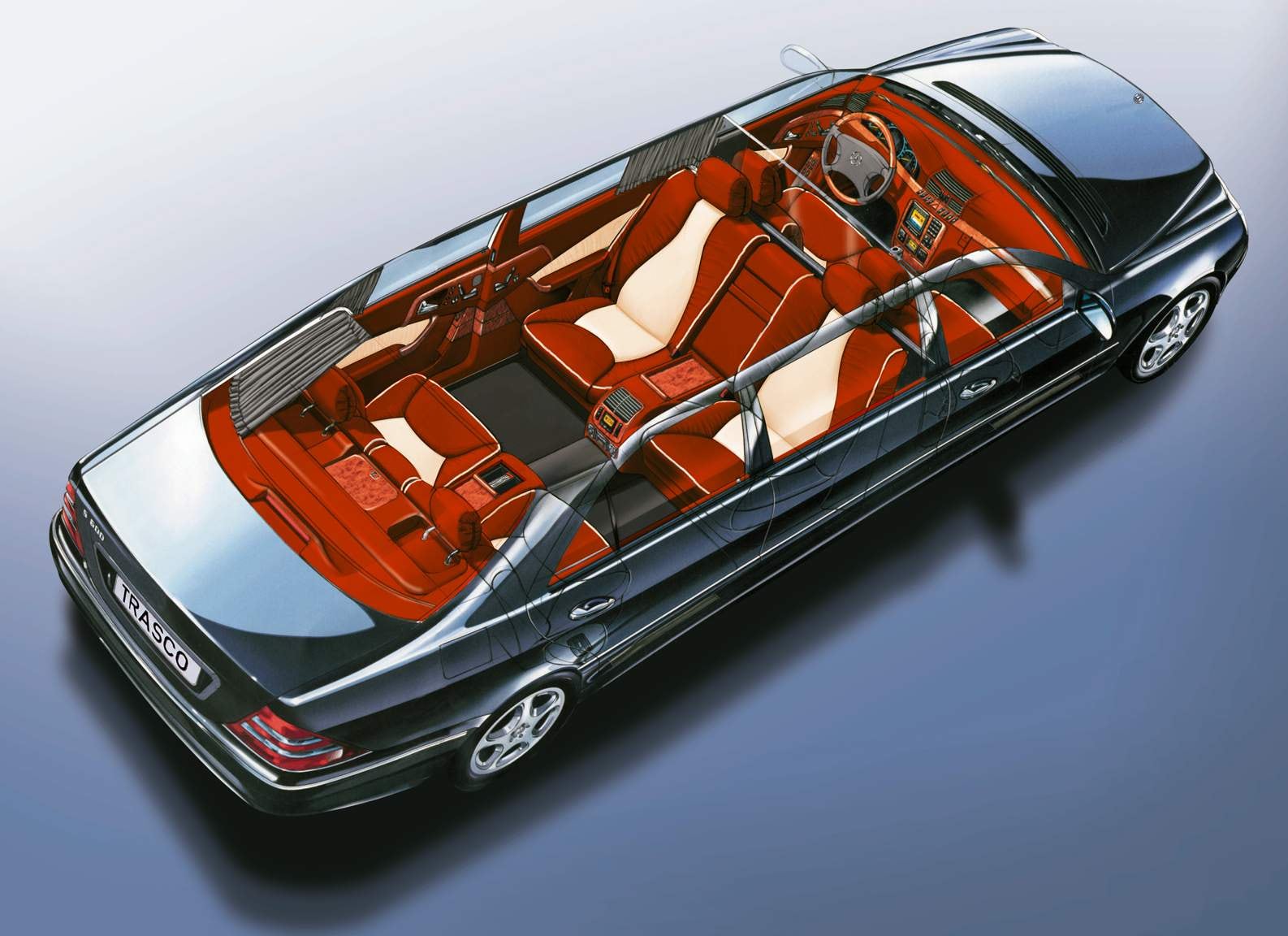 Cutaway illustration of an extended limousine with club seating, layout by TRASCO