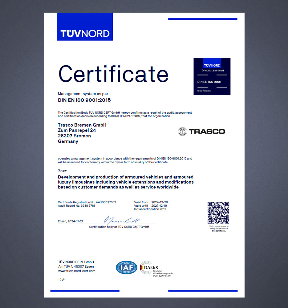 Сертифікат DIN EN ISO 9001:2015 компанії Trasco Bremen GmbH