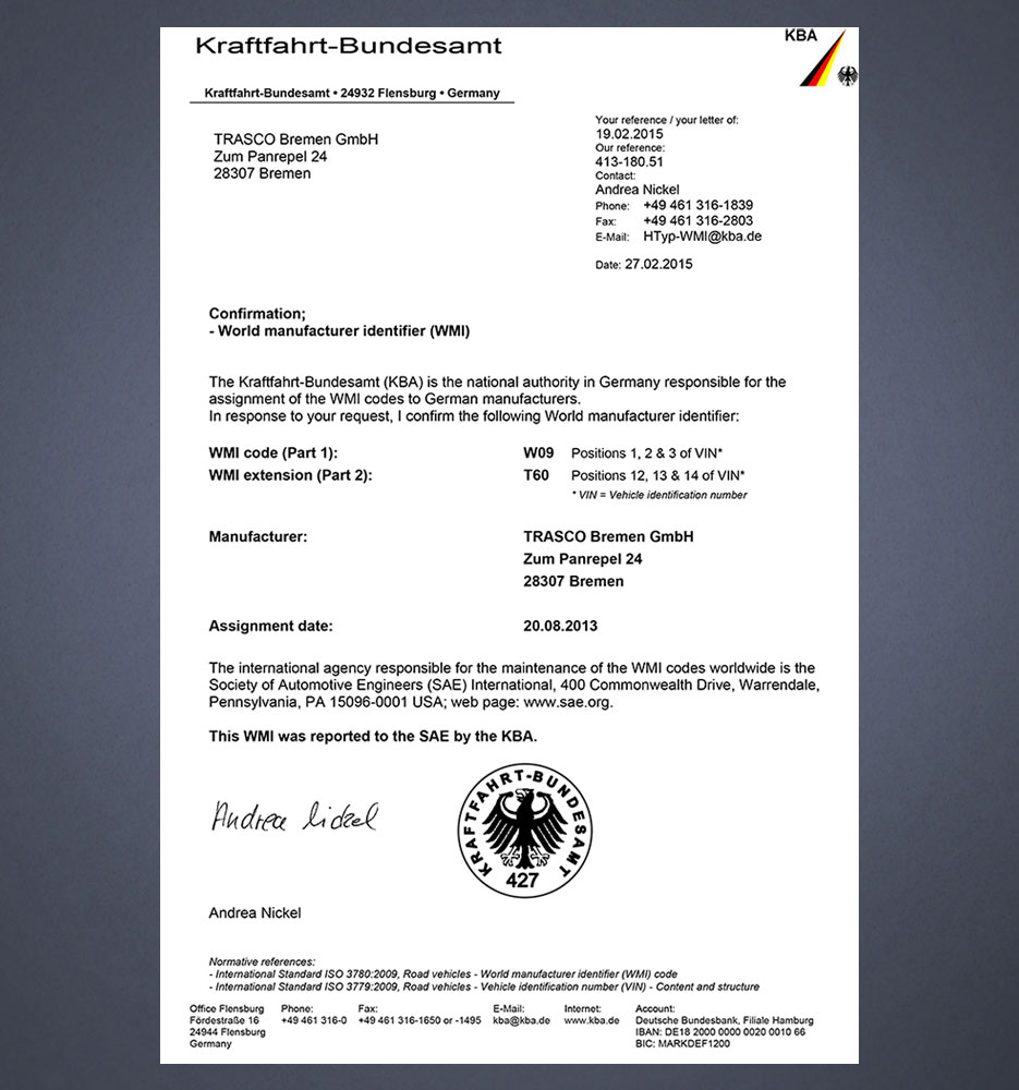 Свідоцтво KBA про міжнародний код виробника Trasco Bremen GmbH (WMI W09)