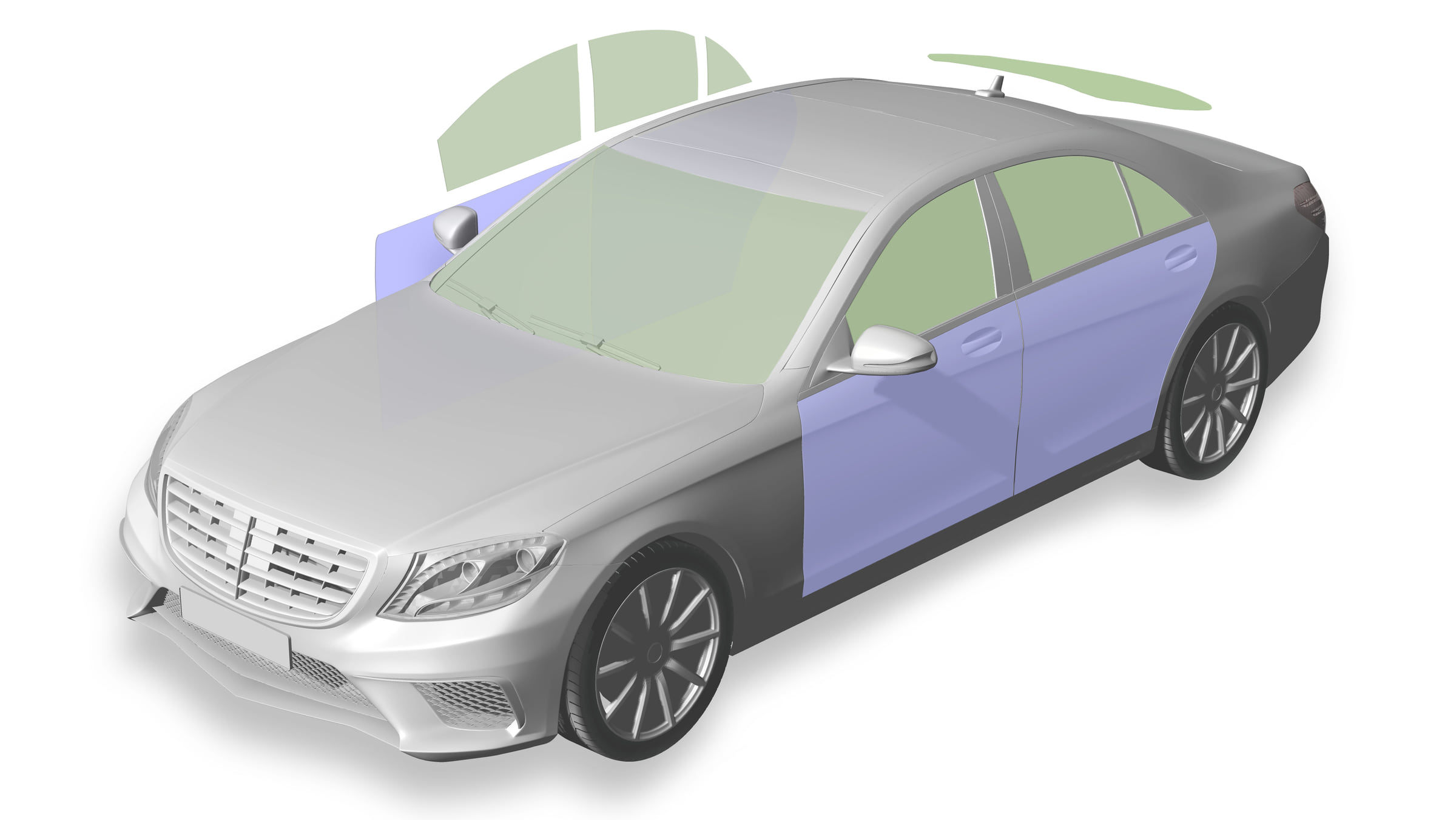 3D-Modell einer Limousine mit markierten gepanzerten Bereichen, Entwicklung von TRASCO