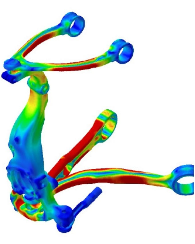 FEM-Analyse eines gewichtsoptimierten Fahrwerksbauteils aus der Serie im ungünstigsten Lastfall