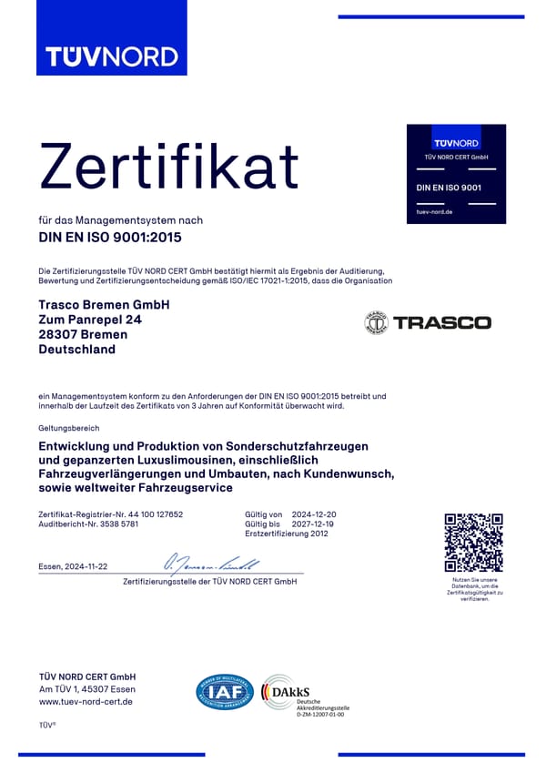 DIN EN ISO 9001:2015証明書（Deutsch）