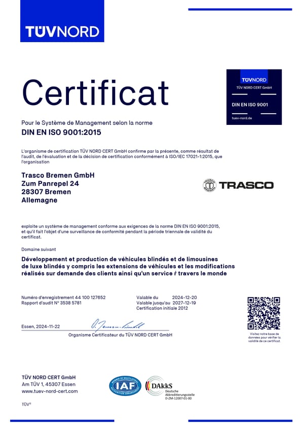 DIN EN ISO 9001:2015証明書（Français）