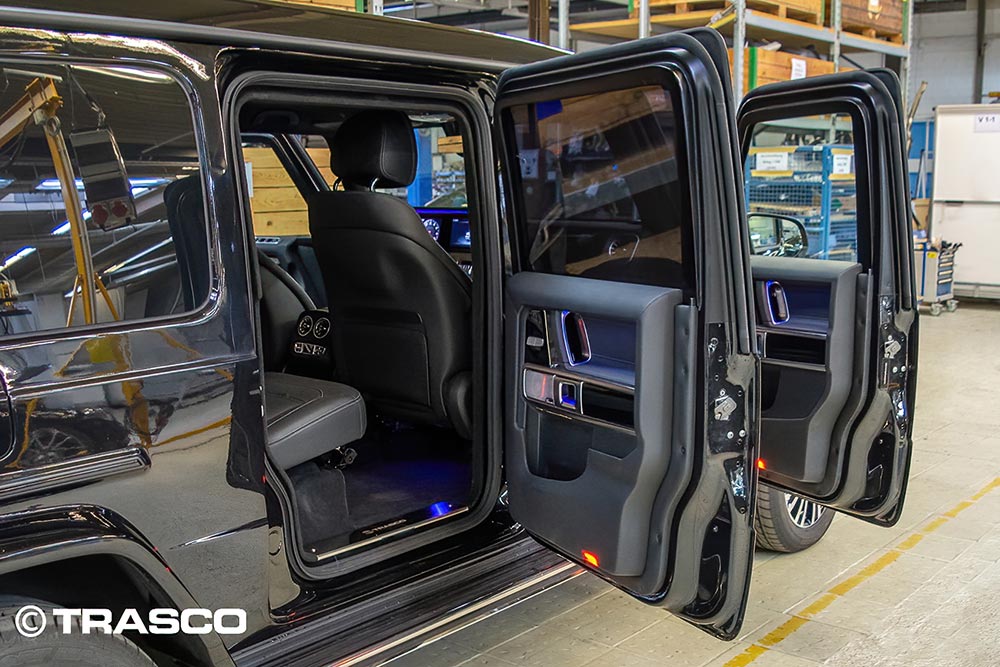 TRASCO VIP SUV XXLong based on the Mercedes-Benz G 63 AMG with enlarged rear doors open