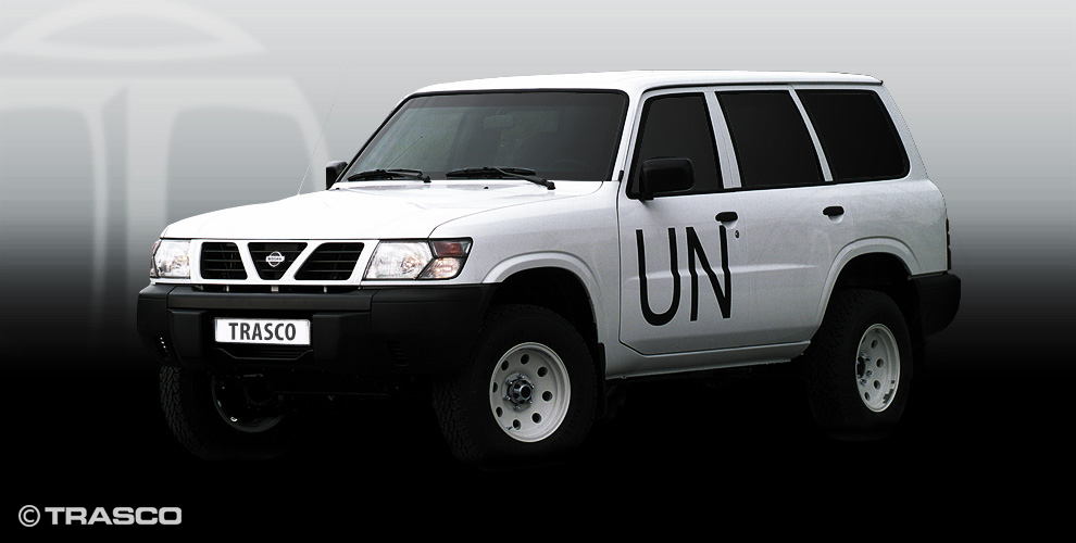 Concept de protection du Nissan Patrol Peacekeeper blindé par TRASCO, avec marquage de l’ONU : cellule blindée, verre balistique et composants protégés